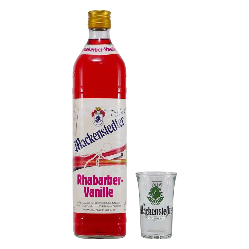 Mackenstedter Rhabarber-Vanille Likör mit 6x Shotgläser