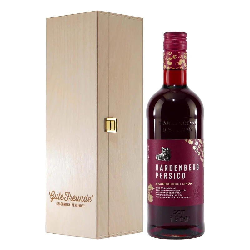 Hardenberg Persico Sauerkirsch Likör mit Geschenk-Holzkiste
