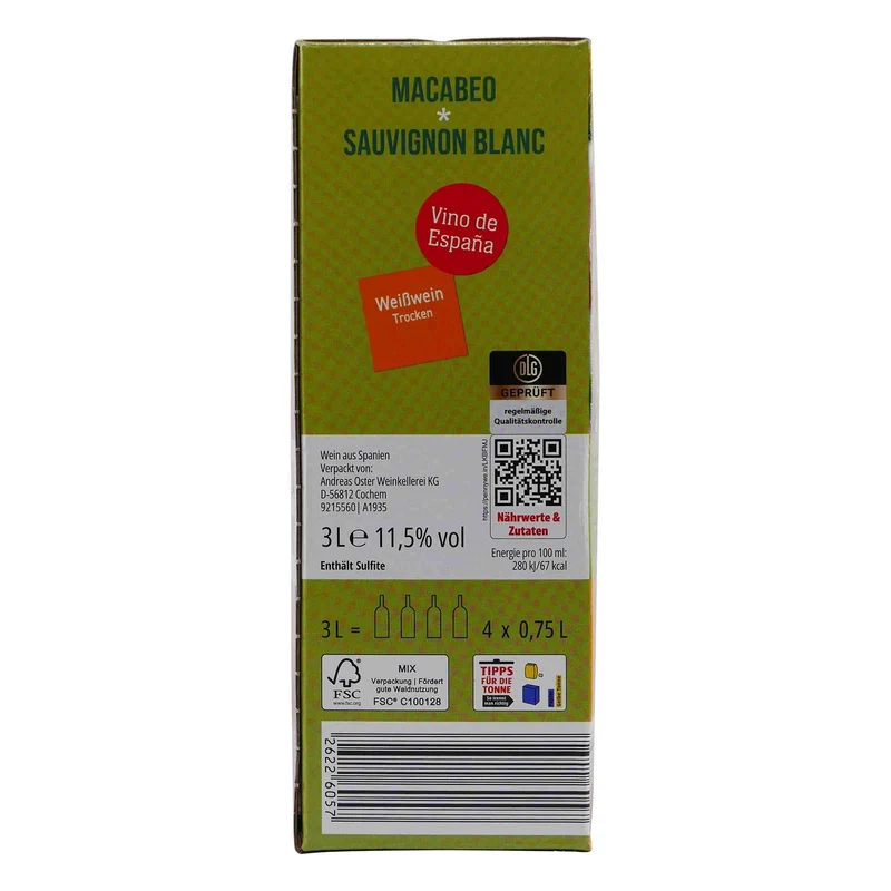 Vino de España Macabeo Sauvignon Blanc BIB 3,0L -trocken-