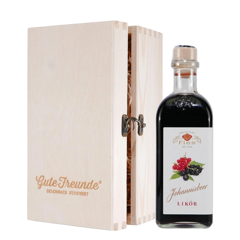 Fies Johannisbeer Likör mit Geschenk-Holzkiste