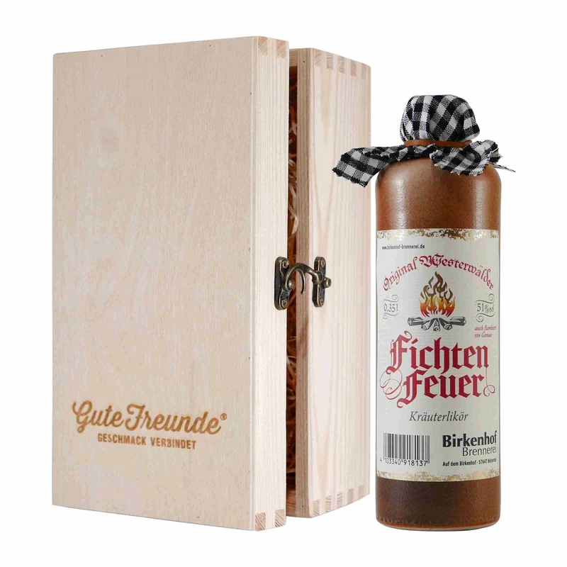 Birkenhof Fichtenfeuer Likör mit Geschenk-Holzkiste