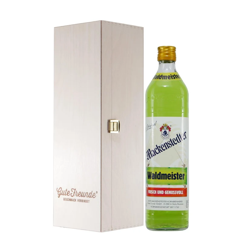 Mackenstedter Waldmeister Likör mit Geschenk-Holzkiste
