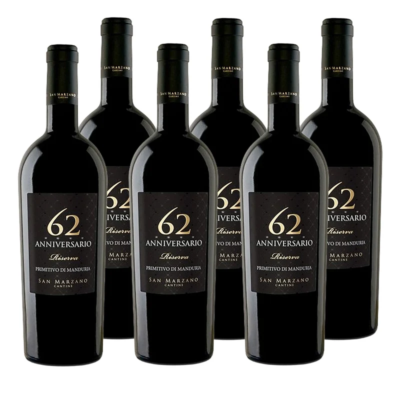 San Marzano 62 Anniversario Primitivo di Manduria Riserva 2019 6 Flaschen Rotwein 0,75L 14,5% vol