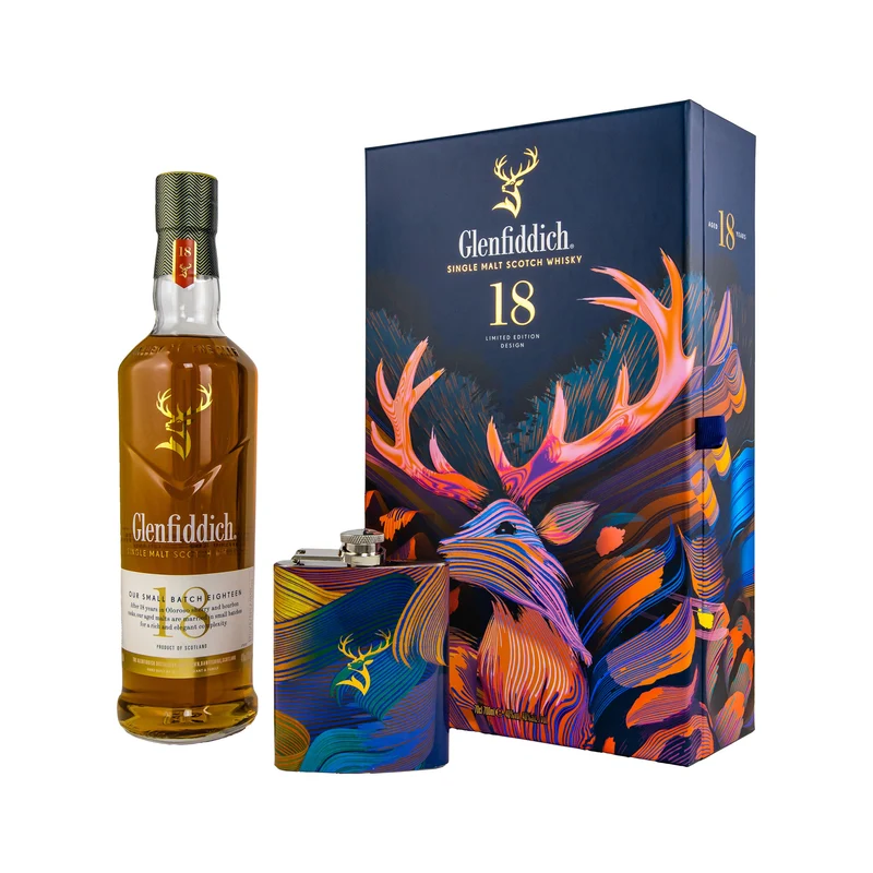 Glenfiddich 18 Jahre - Limited Design + Flachmann - Speyside Single Malt Scotch Whisky