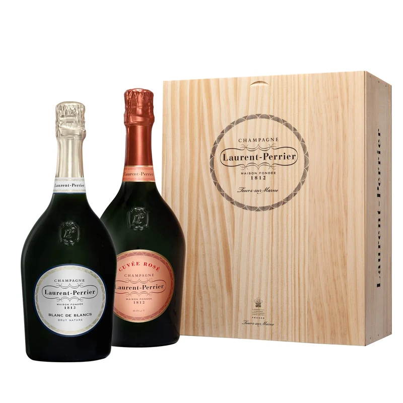 Champagne Laurent-Perrier Cuvée Rosé Brut und Champagne Blanc de Blancs in Holzkiste - limitierte Auflage