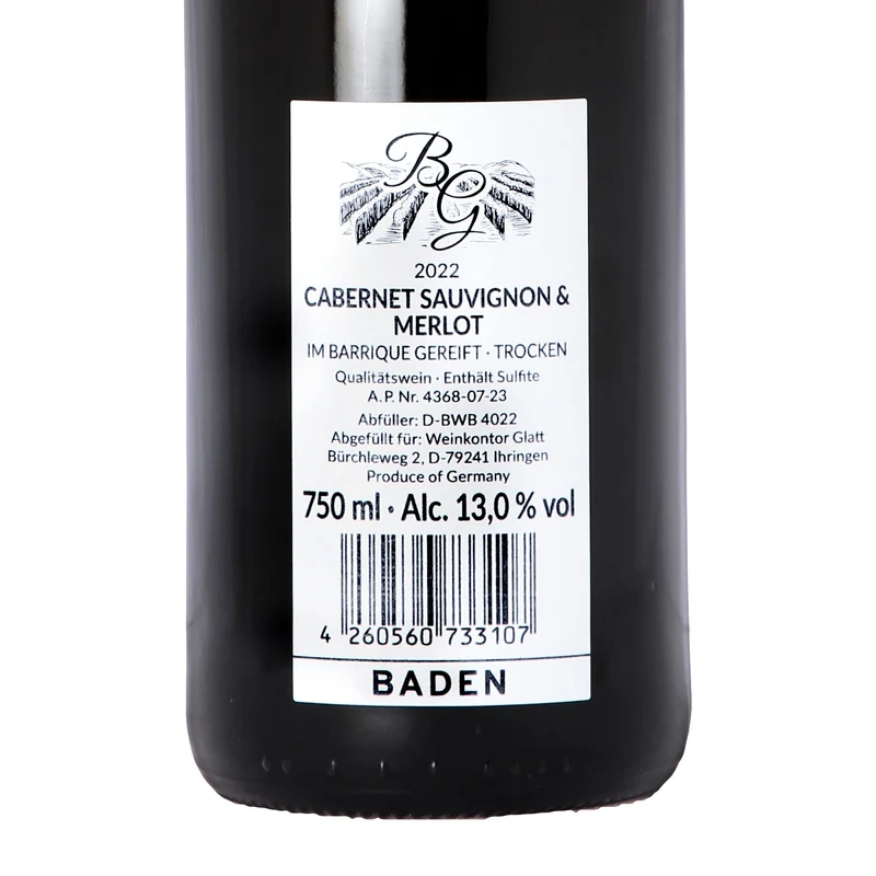 2022 Cabernet Sauvignon & Merlot Barrique Rotwein trocken, GLATT, Qualitätswein vom Kaiserstuhl/Baden, Deutschland