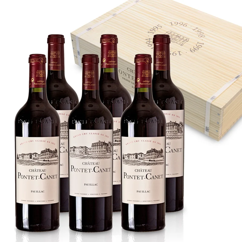 Château Pontet-Canet 1990, 1994, 1995, 1996, 1998, 1999 Jahrgangsselektion - 6 Flaschen in limitierter Holzbox - Bordeaux Frankreich
