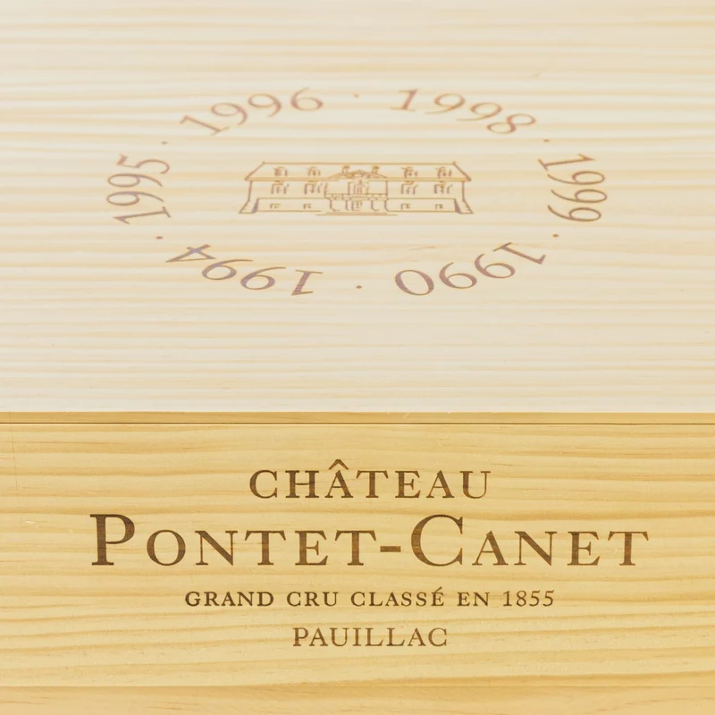 Château Pontet-Canet 1990, 1994, 1995, 1996, 1998, 1999 Jahrgangsselektion - 6 Flaschen in limitierter Holzbox - Bordeaux Frankreich