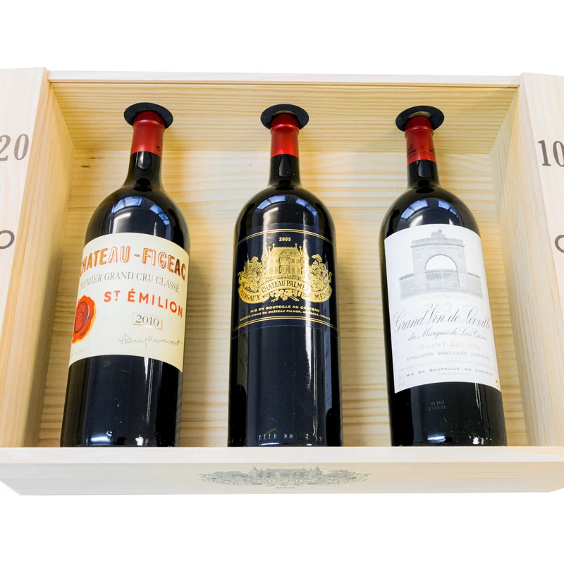 Figeac 2010, Palmer 2005, Leoville Las Cases 2000 Magnum Sammlerbox - 3 Flaschen Rotwein trocken (1,5 l) in limitierter Holzbox